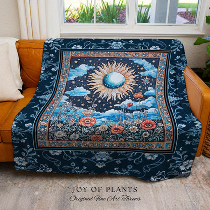 Retro Astrology Throw Blanket | Whimsigothic Bedroom Maximalist Hippie Bedroom Floral Woven Tapestry Psychedelic Cottagecore Ethereal Bed |