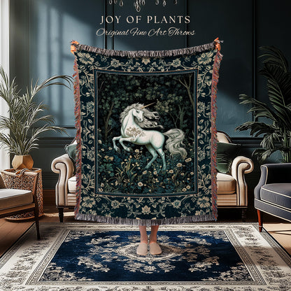 Enchanted Meadow Unicorn Coverlet | Victorian Fairycore Whimsical Ethereal Woven Throw Blanket Medieval Woodland Fairytale Rustic Tapestry |