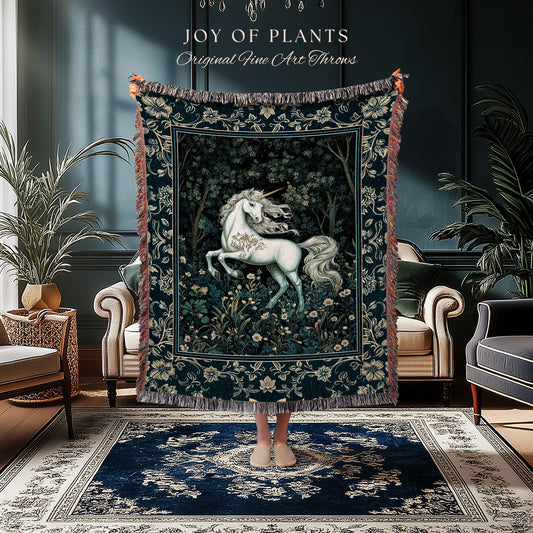Enchanted Meadow Unicorn Coverlet | Victorian Fairycore Whimsical Ethereal Woven Throw Blanket Medieval Woodland Fairytale Rustic Tapestry |