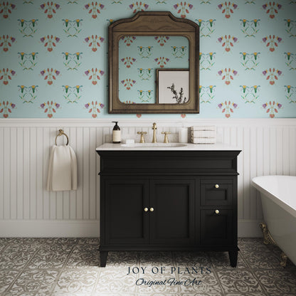 Delicate Florals Pastel Blue Wallpaper | Robin's Egg French Inspired Peel and Stick Wall Art Subtle Design Accent Renter Friendly Bedroom