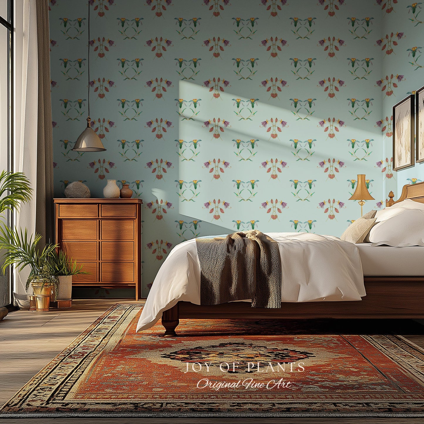 Delicate Florals Pastel Blue Wallpaper | Robin's Egg French Inspired Peel and Stick Wall Art Subtle Design Accent Renter Friendly Bedroom