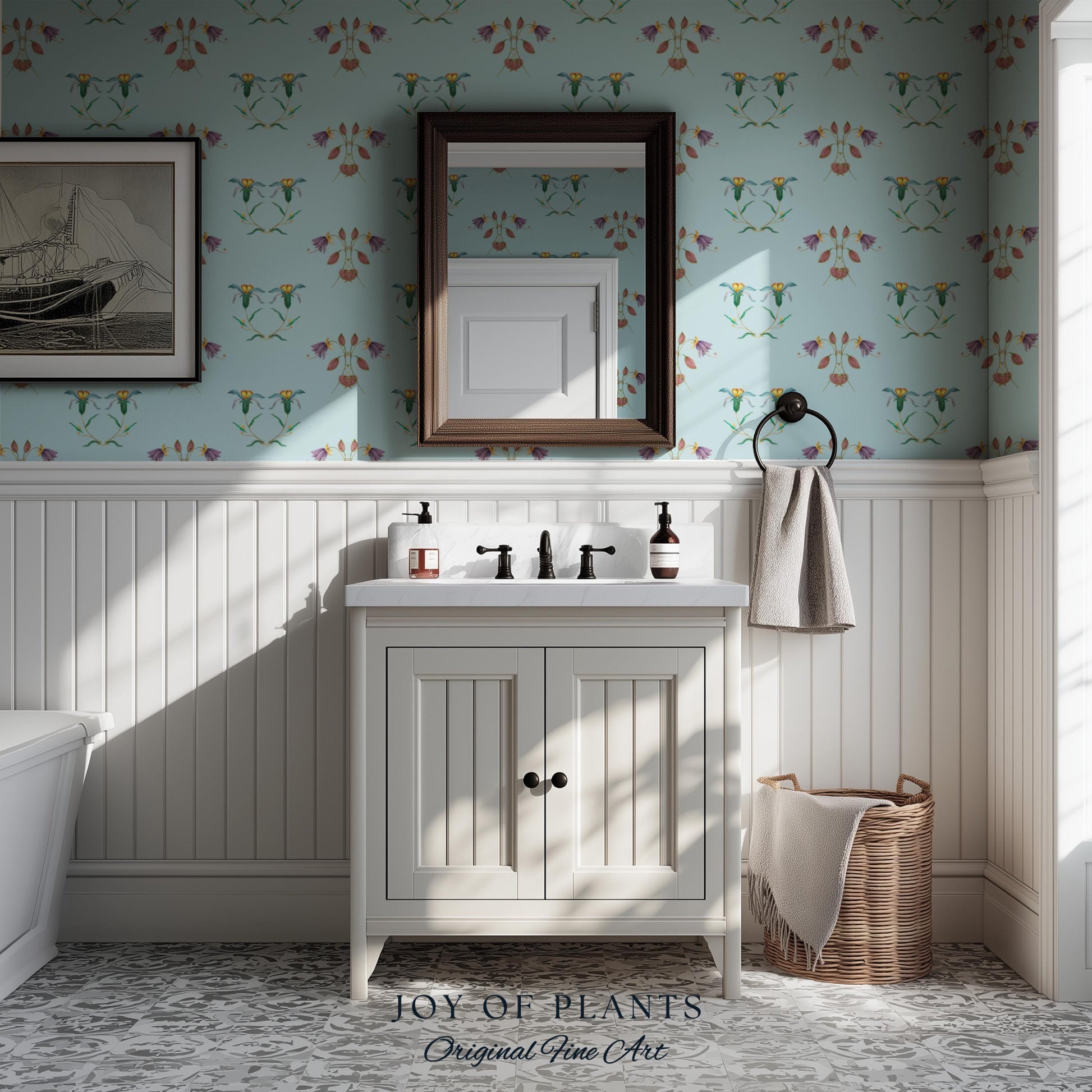 Delicate Florals Pastel Blue Wallpaper | Robin's Egg French Inspired Peel and Stick Wall Art Subtle Design Accent Renter Friendly Bedroom
