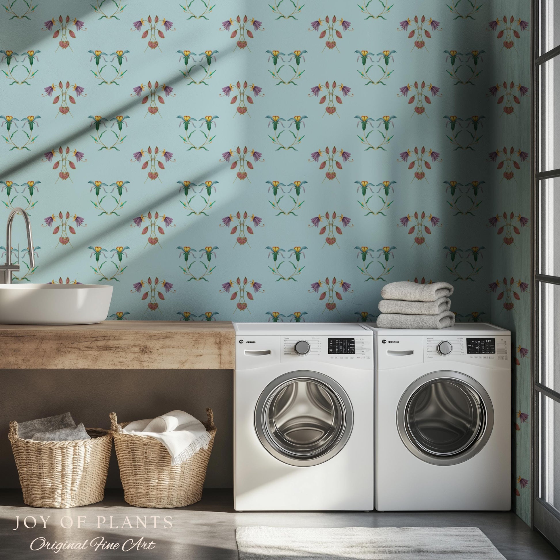 Delicate Florals Pastel Blue Wallpaper | Robin's Egg French Inspired Peel and Stick Wall Art Subtle Design Accent Renter Friendly Bedroom