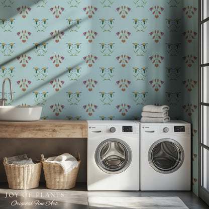 Delicate Florals Pastel Blue Wallpaper | Robin's Egg French Inspired Peel and Stick Wall Art Subtle Design Accent Renter Friendly Bedroom