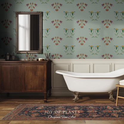 Delicate Florals Pastel Blue Wallpaper | Robin's Egg French Inspired Peel and Stick Wall Art Subtle Design Accent Renter Friendly Bedroom