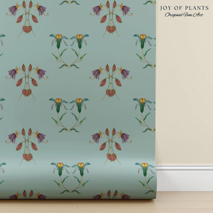 Delicate Florals Pastel Blue Wallpaper | Robin's Egg French Inspired Peel and Stick Wall Art Subtle Design Accent Renter Friendly Bedroom