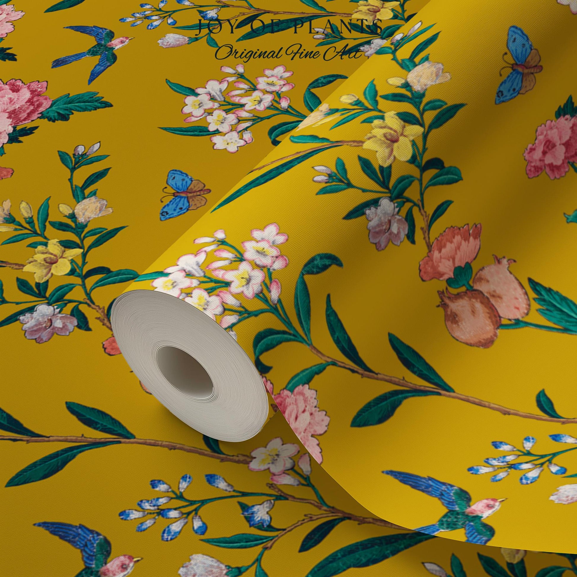 Bold Florals Mustard Yellow Wallpaper | High Contrast Maximalist Vintage Inspired Wall Covering Peel and Stick Decor Contemporary Home