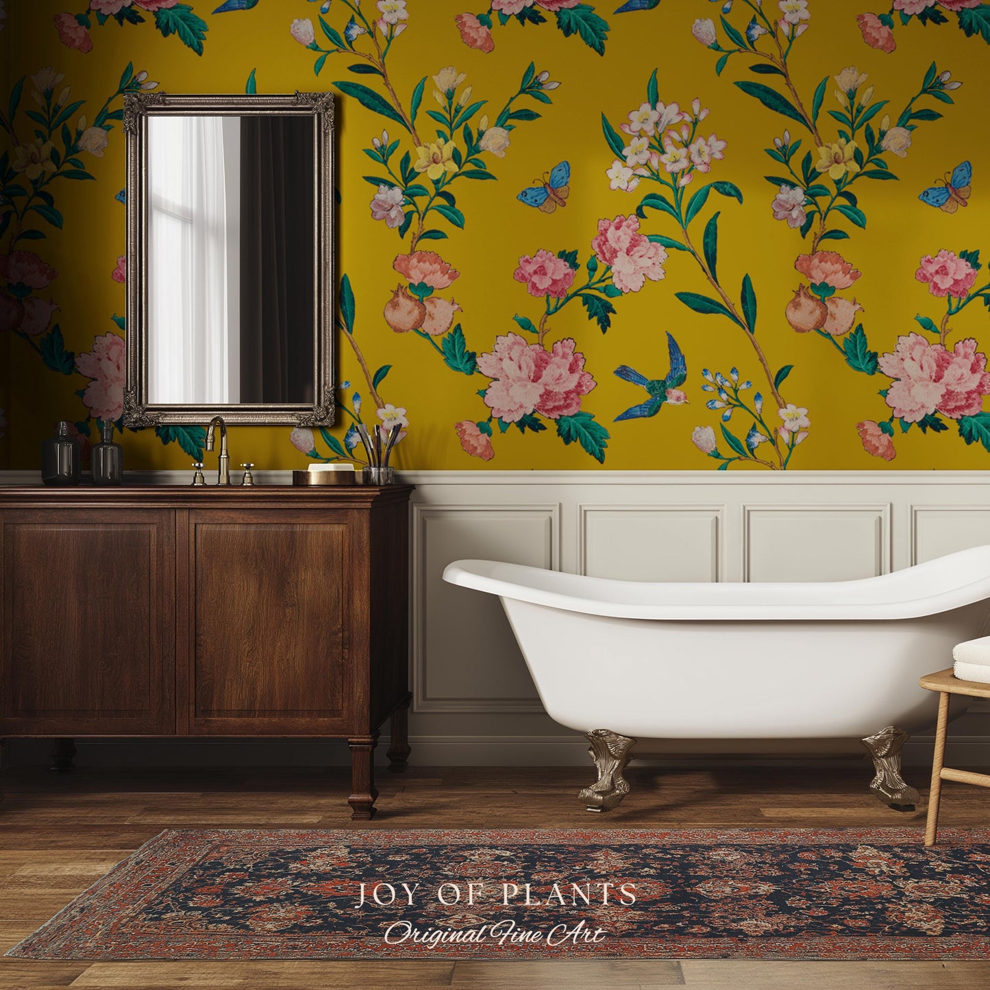 Bold Florals Mustard Yellow Wallpaper | High Contrast Maximalist Vintage Inspired Wall Covering Peel and Stick Decor Contemporary Home