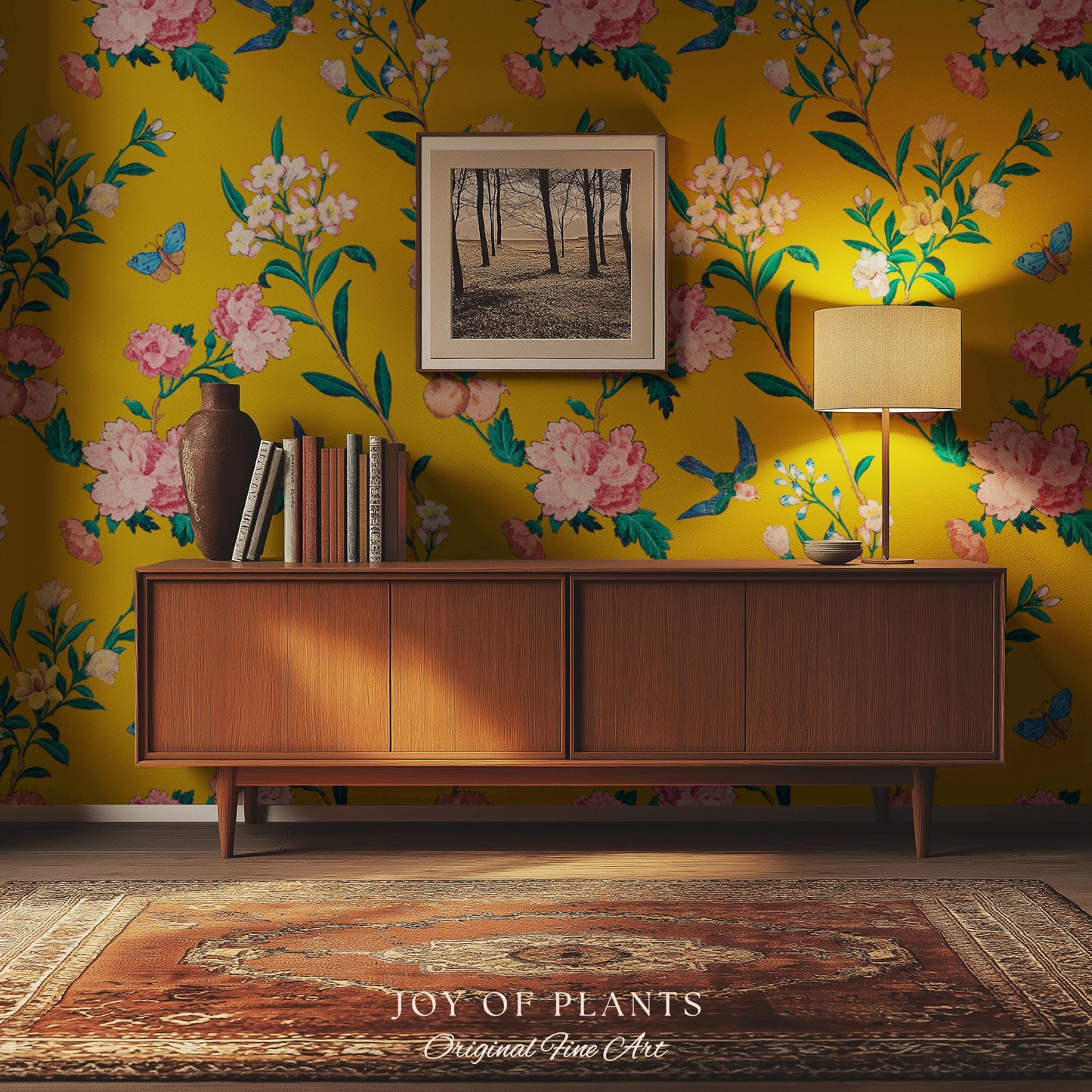 Bold Florals Mustard Yellow Wallpaper | High Contrast Maximalist Vintage Inspired Wall Covering Peel and Stick Decor Contemporary Home