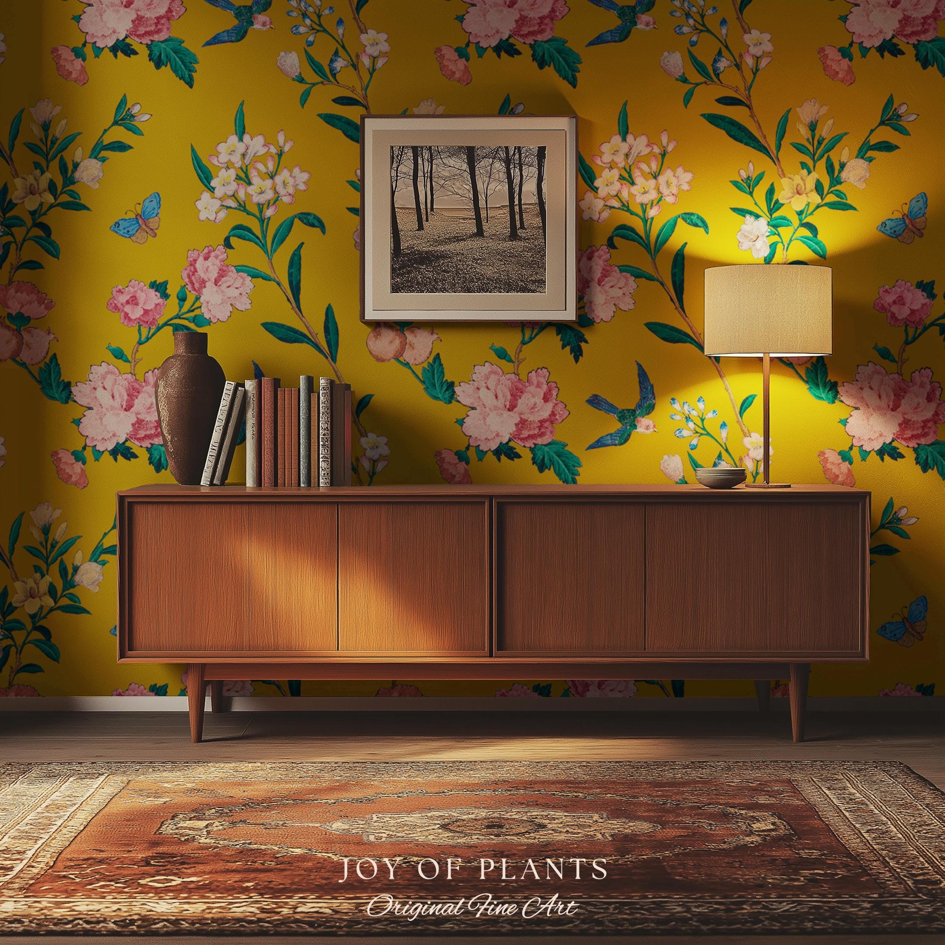 Bold Florals Mustard Yellow Wallpaper | High Contrast Maximalist Vintage Inspired Wall Covering Peel and Stick Decor Contemporary Home