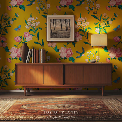 Bold Florals Mustard Yellow Wallpaper | High Contrast Maximalist Vintage Inspired Wall Covering Peel and Stick Decor Contemporary Home