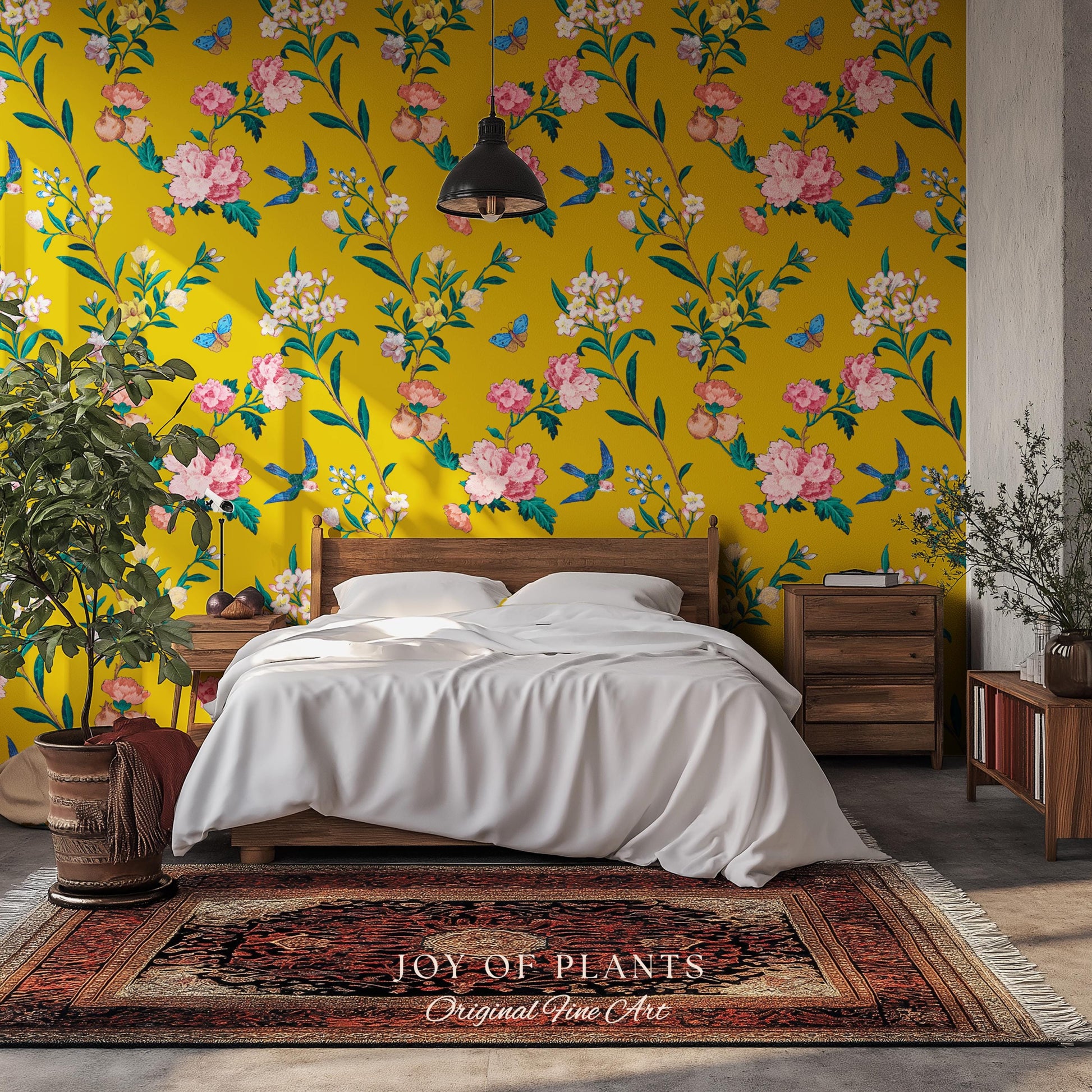 Bold Florals Mustard Yellow Wallpaper | High Contrast Maximalist Vintage Inspired Wall Covering Peel and Stick Decor Contemporary Home