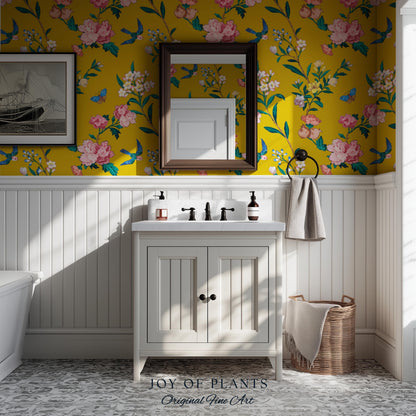 Bold Florals Mustard Yellow Wallpaper | High Contrast Maximalist Vintage Inspired Wall Covering Peel and Stick Decor Contemporary Home