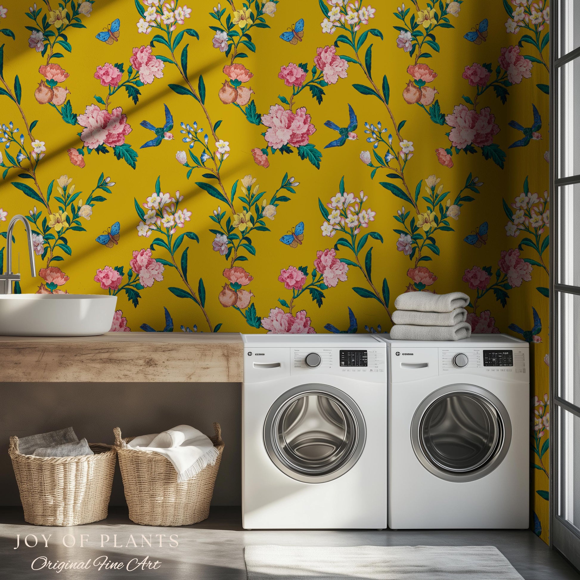 Bold Florals Mustard Yellow Wallpaper | High Contrast Maximalist Vintage Inspired Wall Covering Peel and Stick Decor Contemporary Home