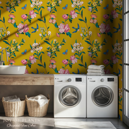 Bold Florals Mustard Yellow Wallpaper | High Contrast Maximalist Vintage Inspired Wall Covering Peel and Stick Decor Contemporary Home