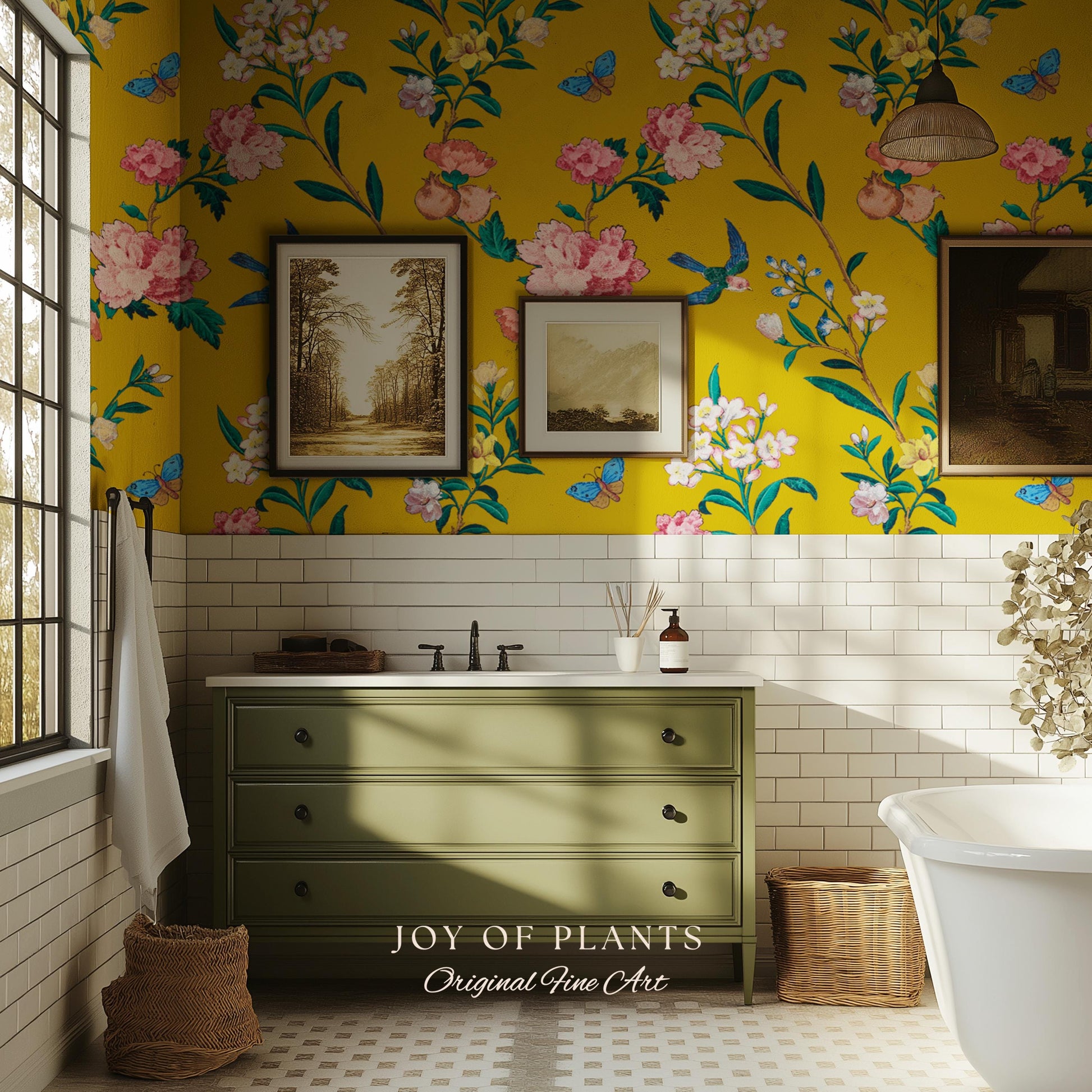Bold Florals Mustard Yellow Wallpaper | High Contrast Maximalist Vintage Inspired Wall Covering Peel and Stick Decor Contemporary Home