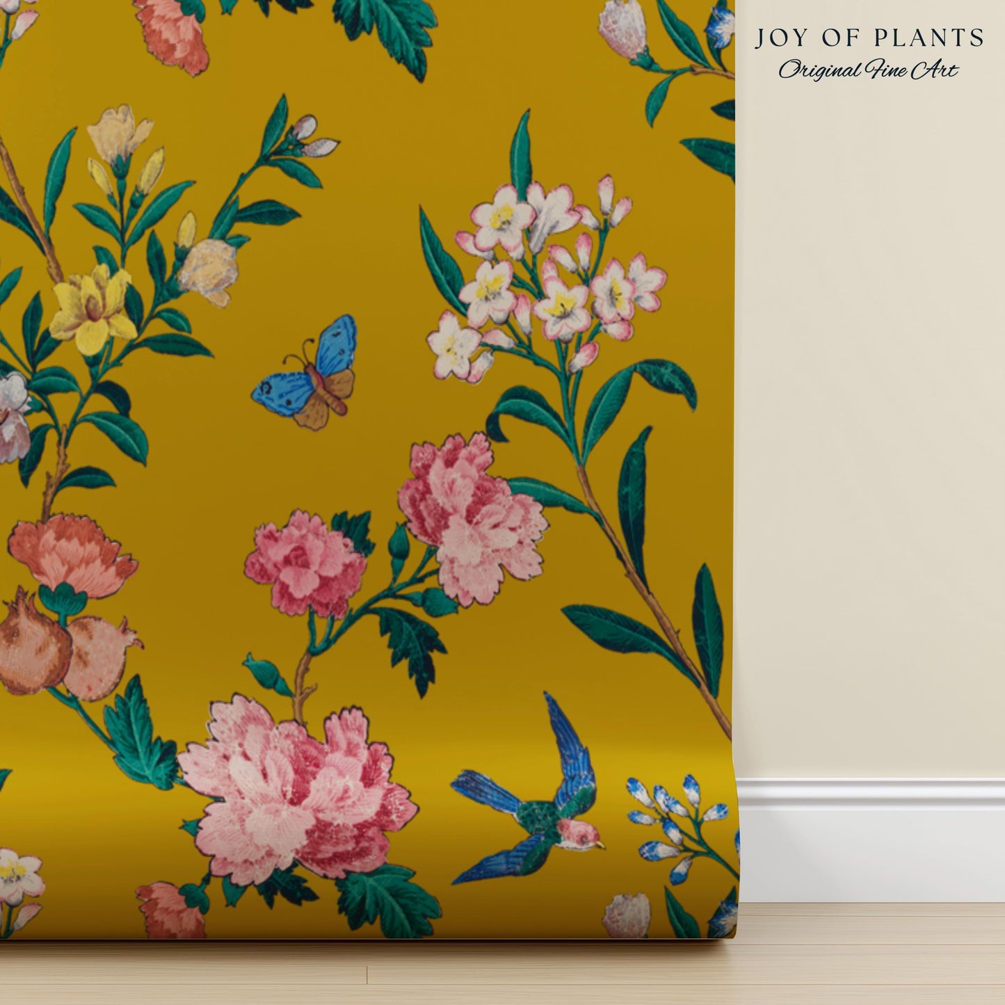 Bold Florals Mustard Yellow Wallpaper | High Contrast Maximalist Vintage Inspired Wall Covering Peel and Stick Decor Contemporary Home