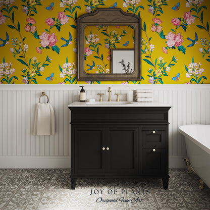 Bold Florals Mustard Yellow Wallpaper | High Contrast Maximalist Vintage Inspired Wall Covering Peel and Stick Decor Contemporary Home
