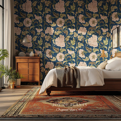 Refined Botanicals Bold Navy Wallpaper | Luxury Home Decor for Elegant Interiors Renter Friendly Accent Wall Heritage Inspired Statement Art