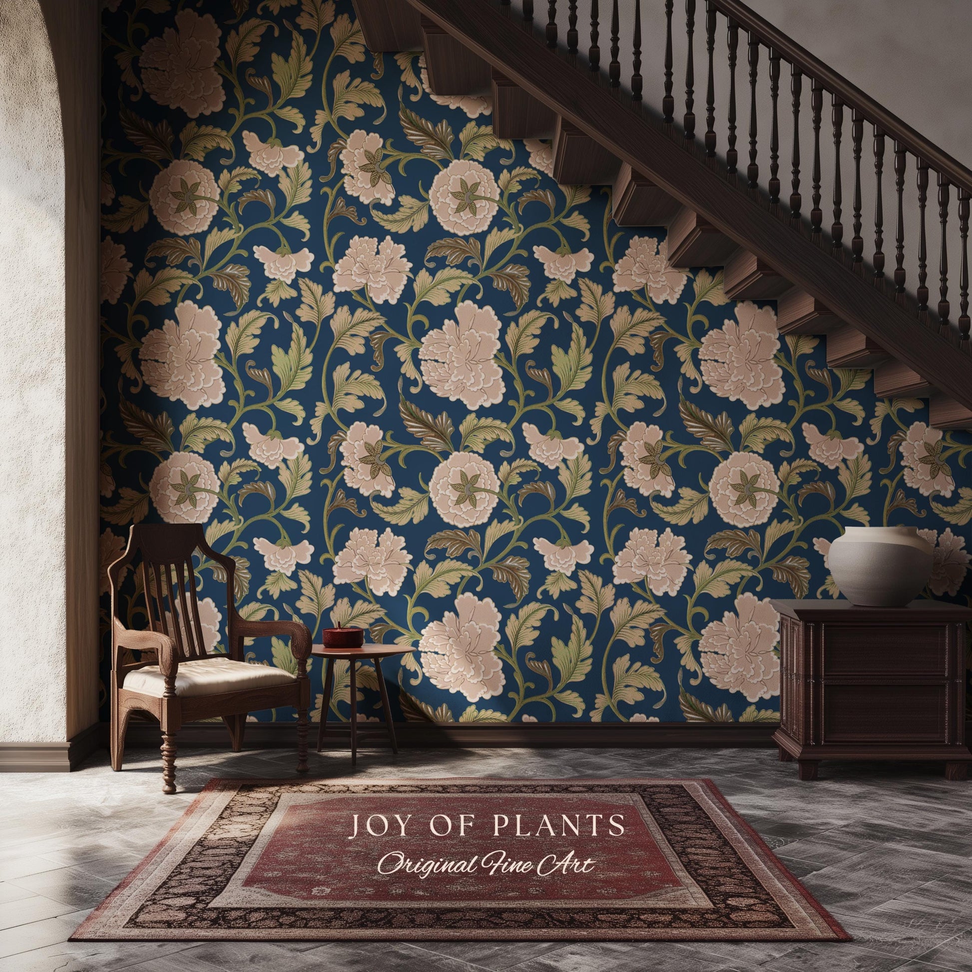 Refined Botanicals Bold Navy Wallpaper | Luxury Home Decor for Elegant Interiors Renter Friendly Accent Wall Heritage Inspired Statement Art