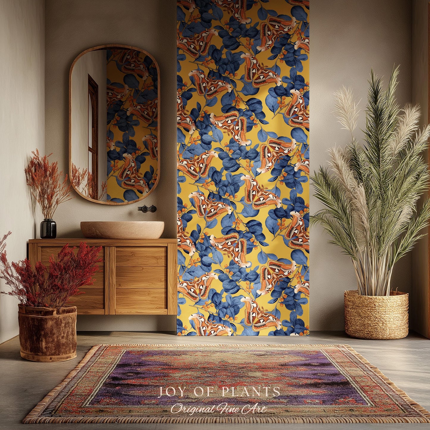 Flora & Fauna Statement Wallpaper | Striking Home Decor Bold Accent Wall Art Butterfly Pattern Mustard Yellow Maximalist Vintage Bedroom