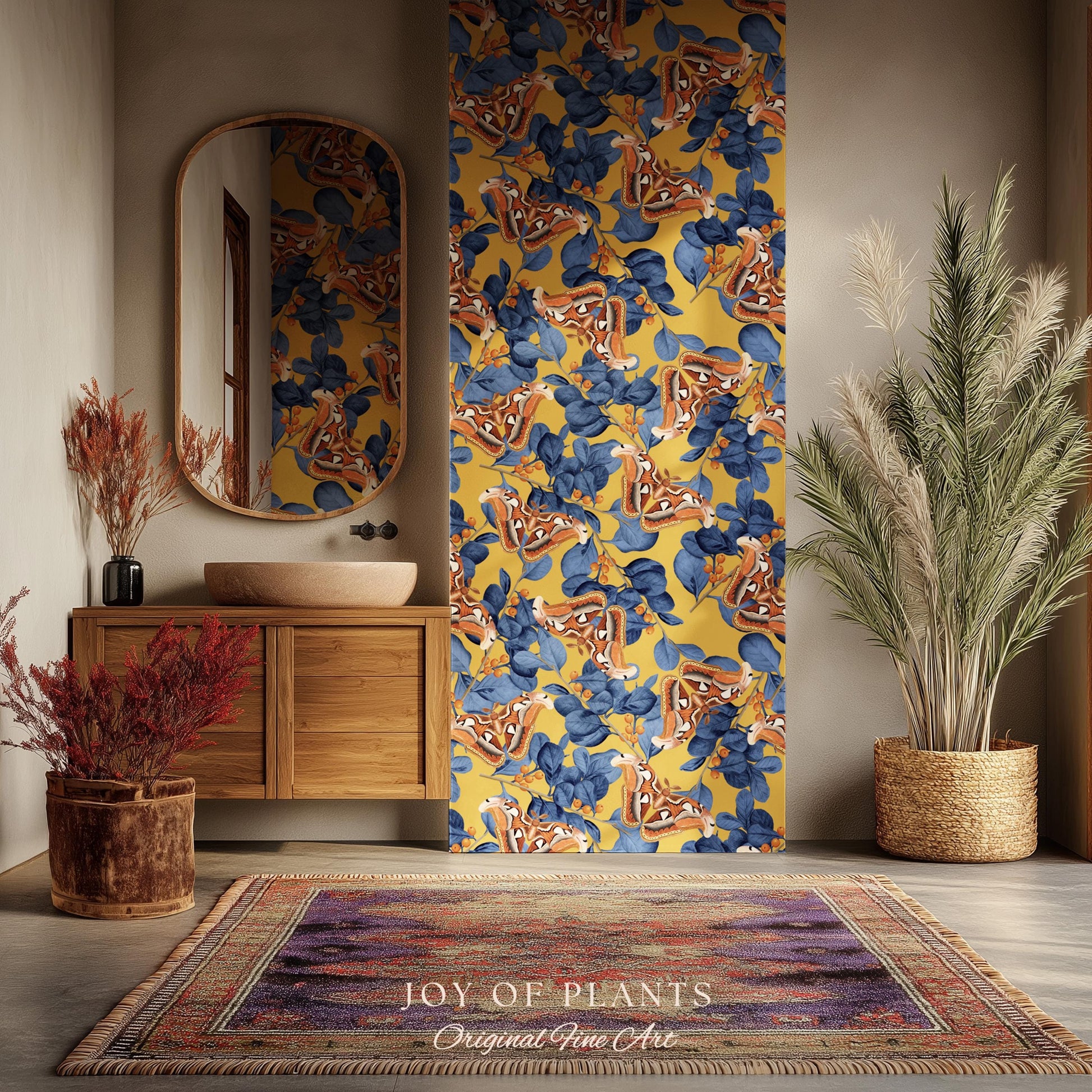 Flora & Fauna Statement Wallpaper | Striking Home Decor Bold Accent Wall Art Butterfly Pattern Mustard Yellow Maximalist Vintage Bedroom