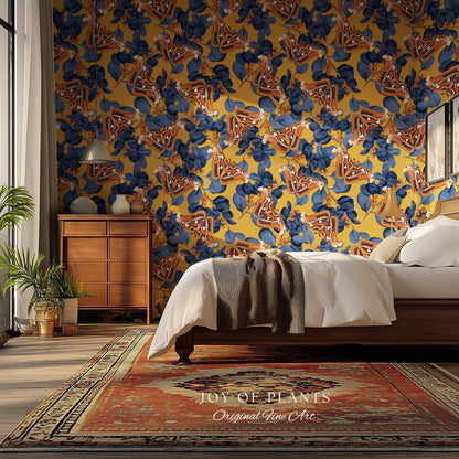 Flora & Fauna Statement Wallpaper | Striking Home Decor Bold Accent Wall Art Butterfly Pattern Mustard Yellow Maximalist Vintage Bedroom