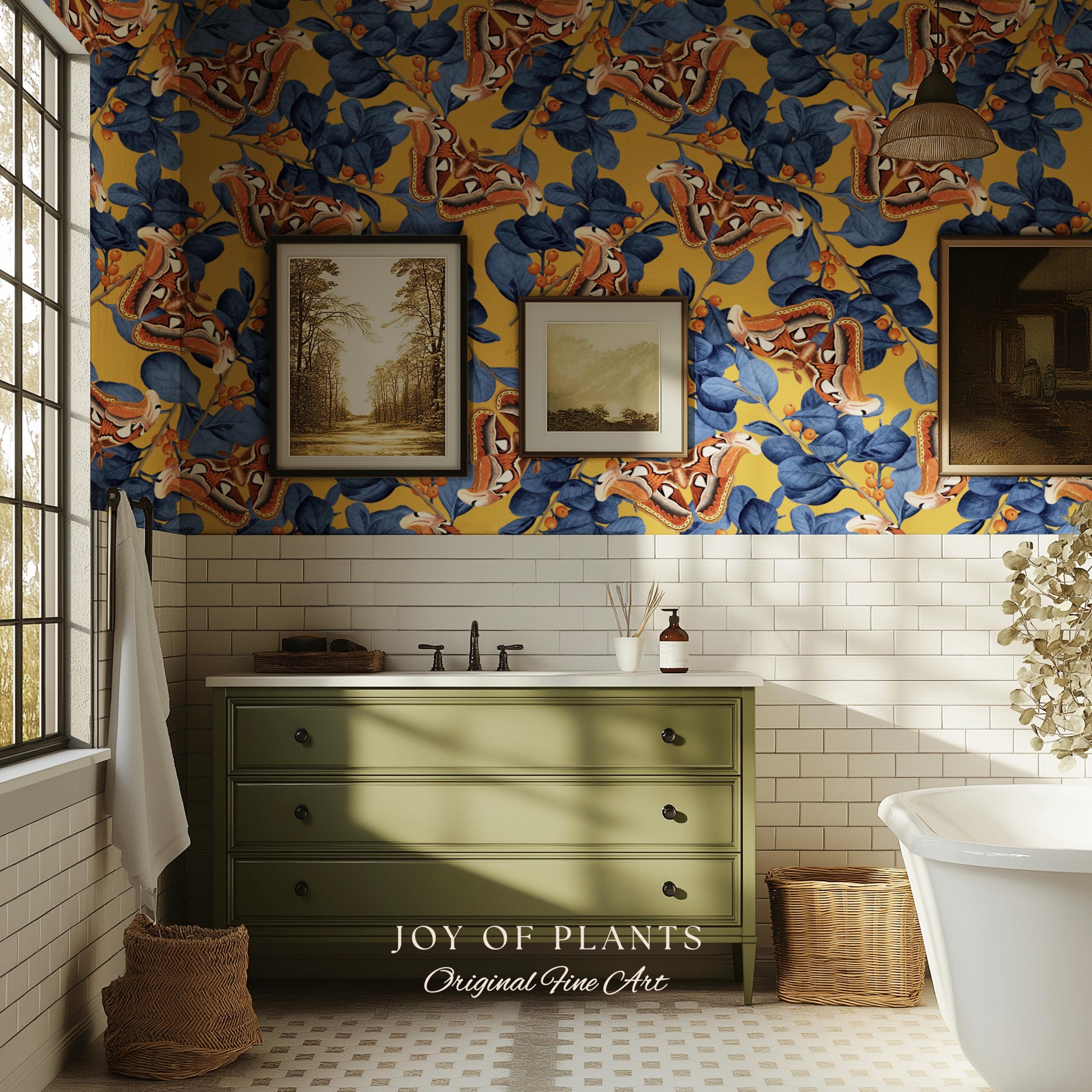 Flora & Fauna Statement Wallpaper | Striking Home Decor Bold Accent Wall Art Butterfly Pattern Mustard Yellow Maximalist Vintage Bedroom