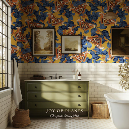 Flora & Fauna Statement Wallpaper | Striking Home Decor Bold Accent Wall Art Butterfly Pattern Mustard Yellow Maximalist Vintage Bedroom