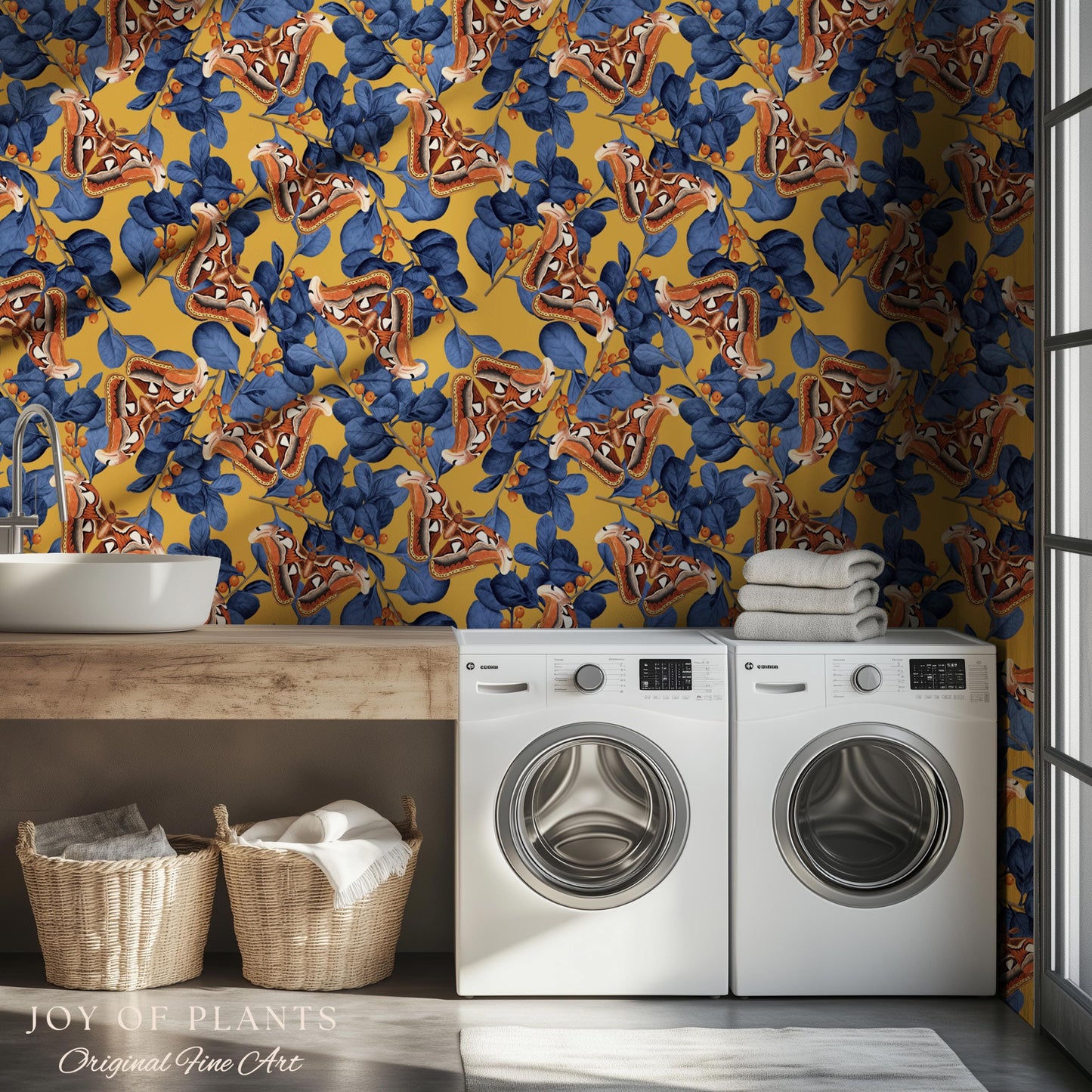 Flora & Fauna Statement Wallpaper | Striking Home Decor Bold Accent Wall Art Butterfly Pattern Mustard Yellow Maximalist Vintage Bedroom
