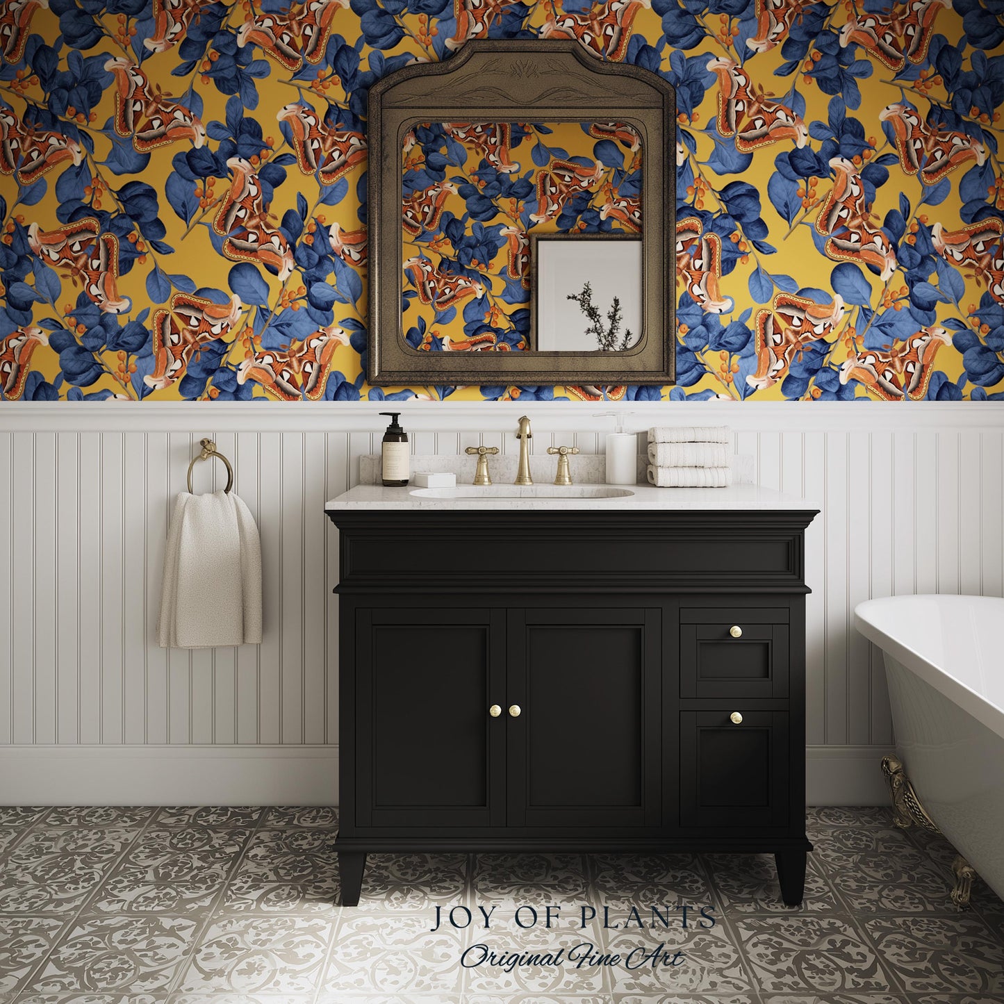 Flora & Fauna Statement Wallpaper | Striking Home Decor Bold Accent Wall Art Butterfly Pattern Mustard Yellow Maximalist Vintage Bedroom
