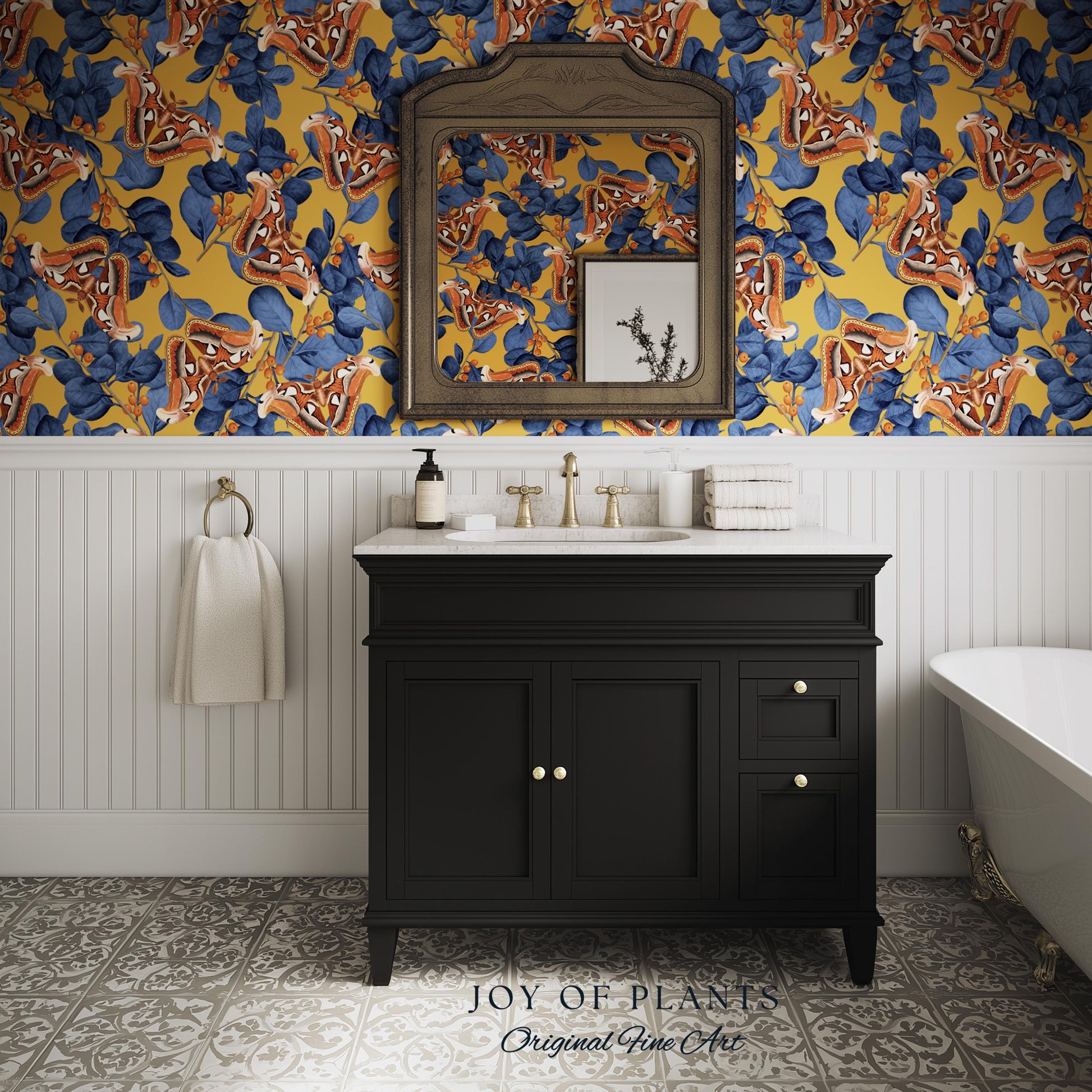 Flora & Fauna Statement Wallpaper | Striking Home Decor Bold Accent Wall Art Butterfly Pattern Mustard Yellow Maximalist Vintage Bedroom