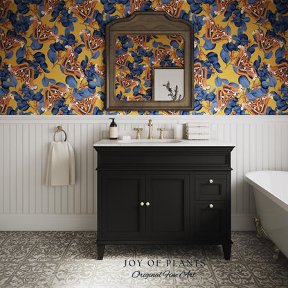 Flora & Fauna Statement Wallpaper | Striking Home Decor Bold Accent Wall Art Butterfly Pattern Mustard Yellow Maximalist Vintage Bedroom