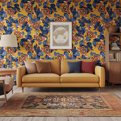 Flora & Fauna Statement Wallpaper | Striking Home Decor Bold Accent Wall Art Butterfly Pattern Mustard Yellow Maximalist Vintage Bedroom