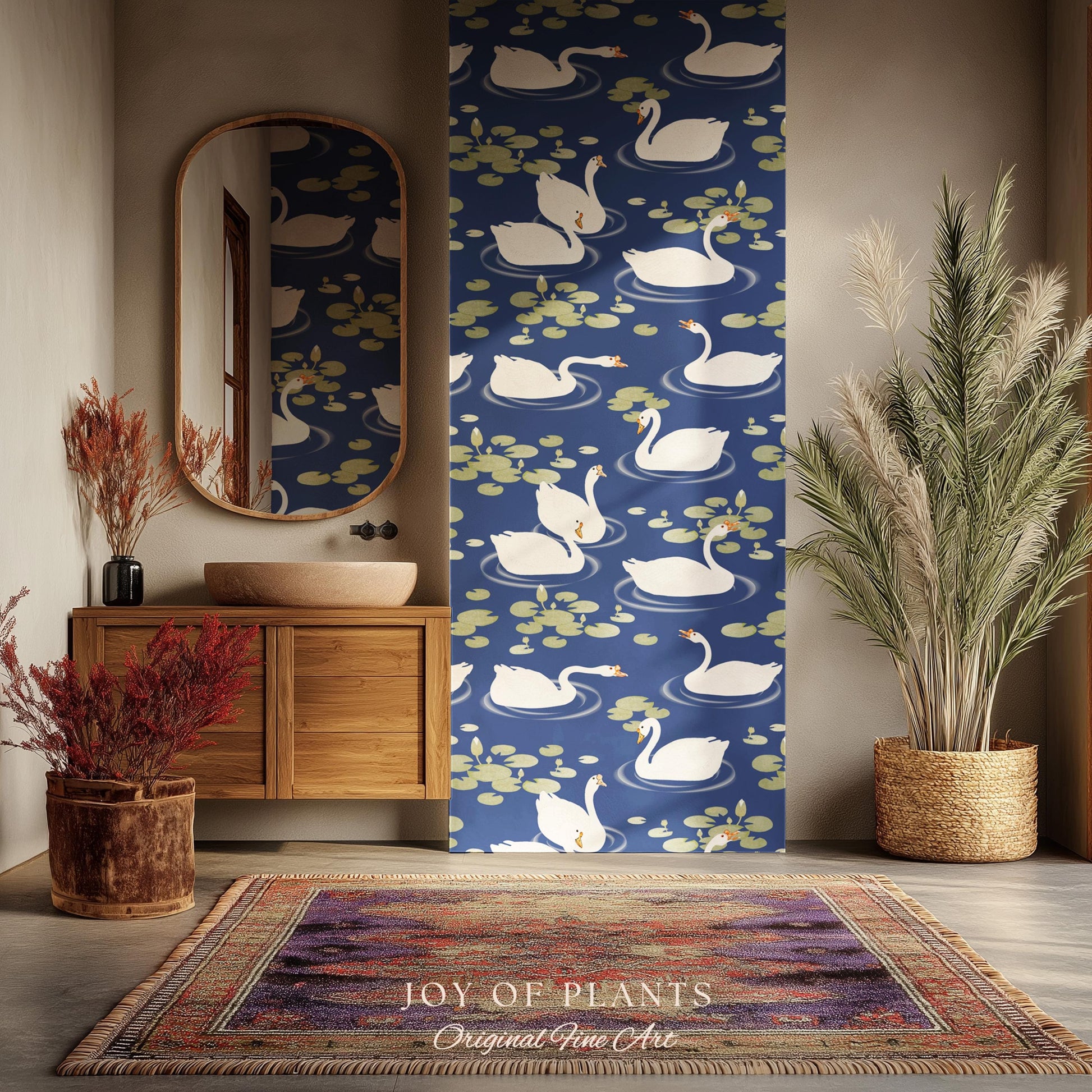 Storybook Cottage Swan Pattern Wallpaper | Navy Blue Bold High Contrast Statement Wall Nursery Decor Peel and Stick Lily Pad Marine Bedroom