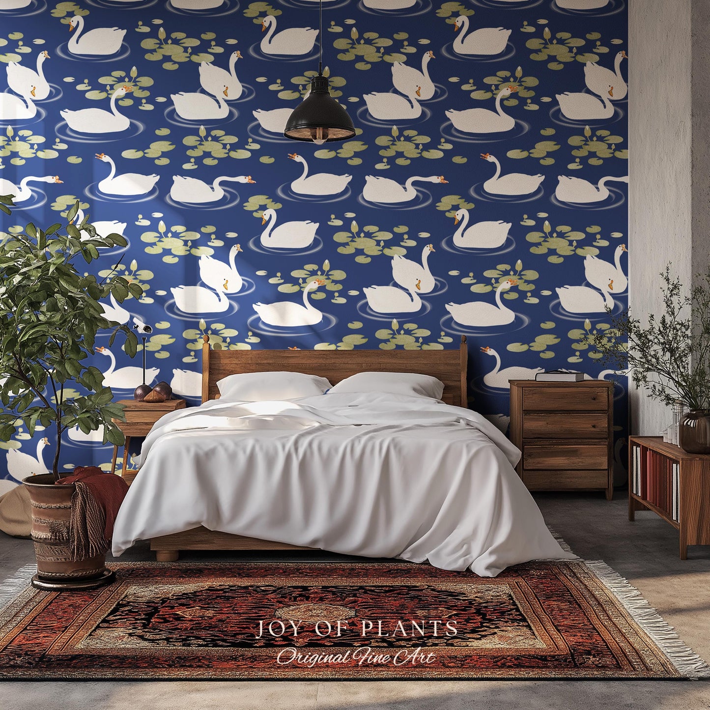 Storybook Cottage Swan Pattern Wallpaper | Navy Blue Bold High Contrast Statement Wall Nursery Decor Peel and Stick Lily Pad Marine Bedroom