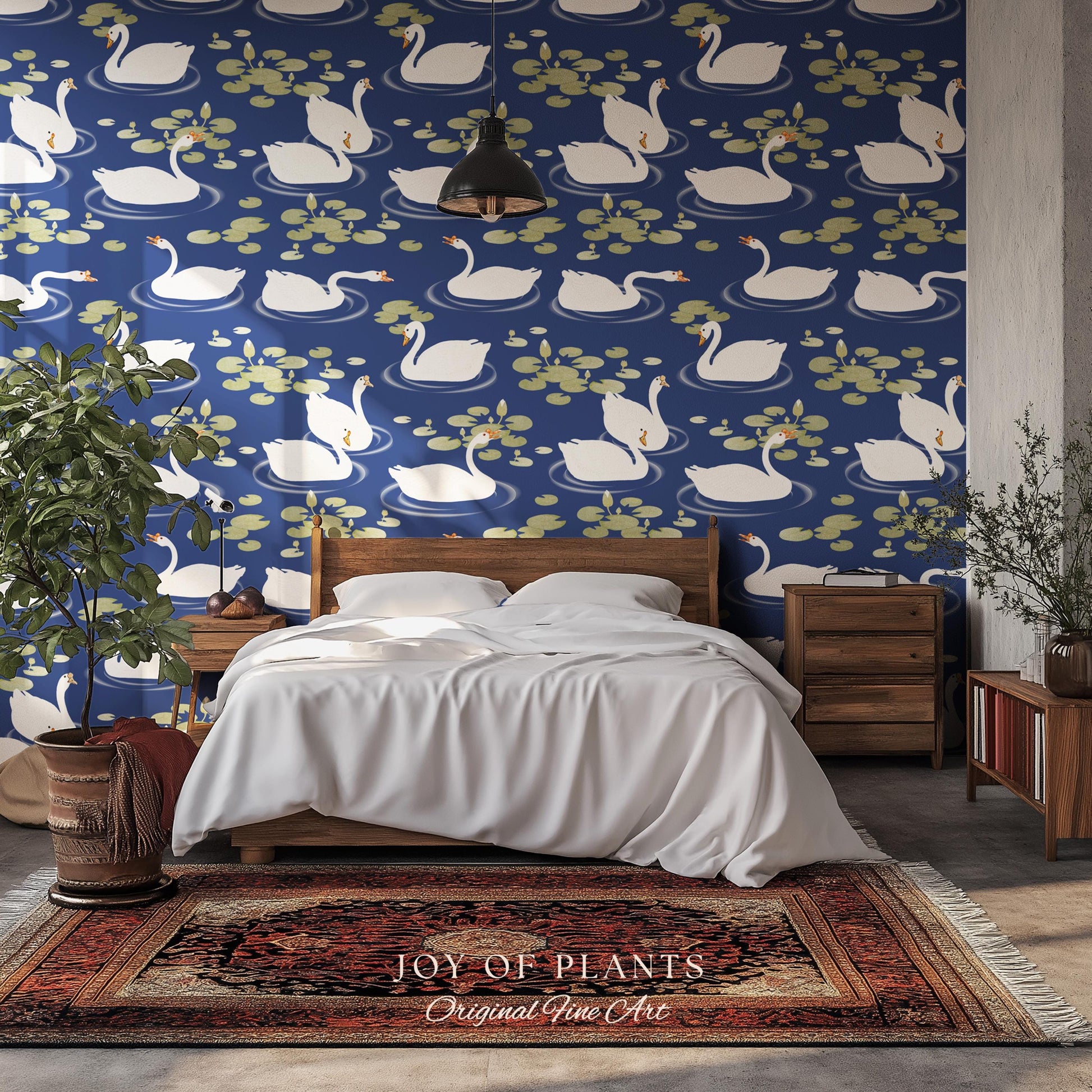 Storybook Cottage Swan Pattern Wallpaper | Navy Blue Bold High Contrast Statement Wall Nursery Decor Peel and Stick Lily Pad Marine Bedroom
