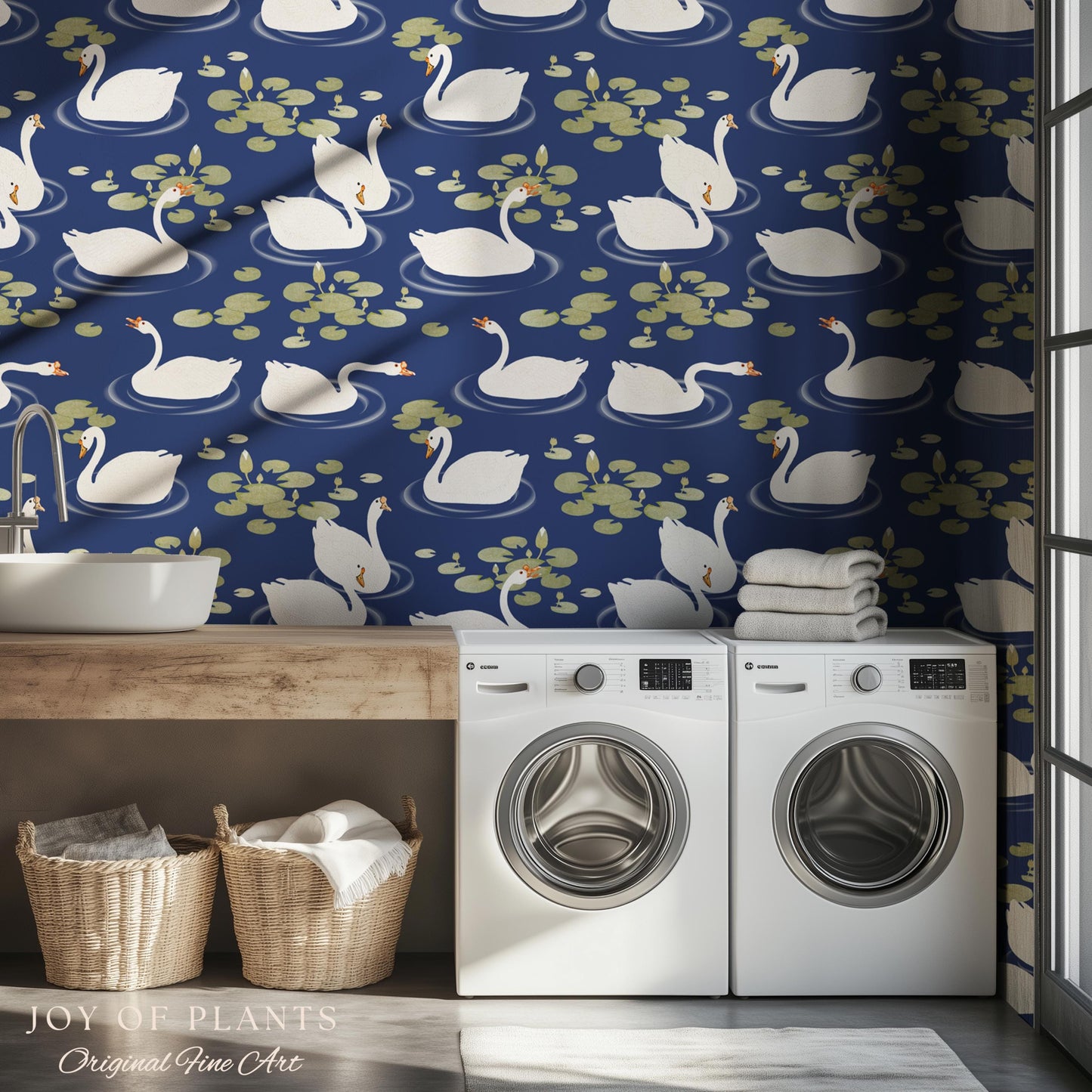 Storybook Cottage Swan Pattern Wallpaper | Navy Blue Bold High Contrast Statement Wall Nursery Decor Peel and Stick Lily Pad Marine Bedroom