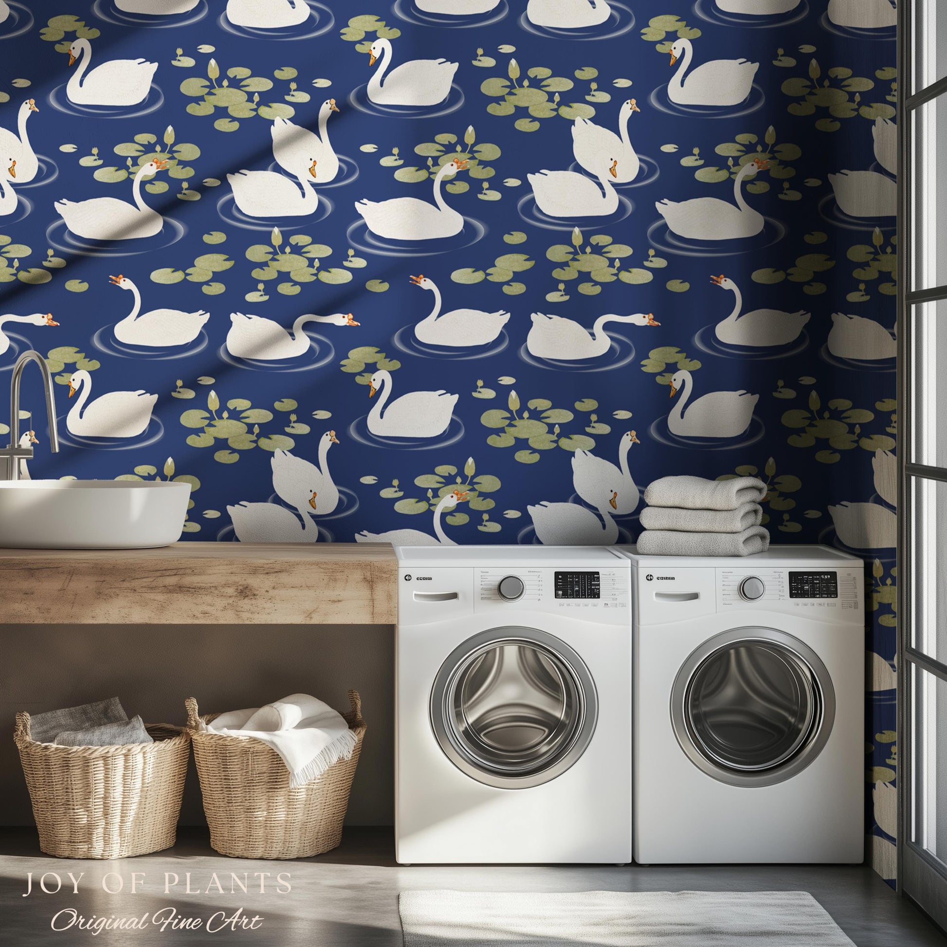 Storybook Cottage Swan Pattern Wallpaper | Navy Blue Bold High Contrast Statement Wall Nursery Decor Peel and Stick Lily Pad Marine Bedroom