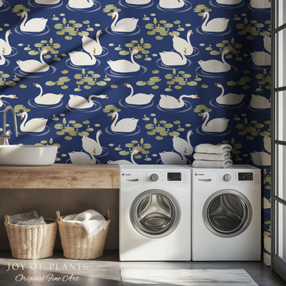 Storybook Cottage Swan Pattern Wallpaper | Navy Blue Bold High Contrast Statement Wall Nursery Decor Peel and Stick Lily Pad Marine Bedroom