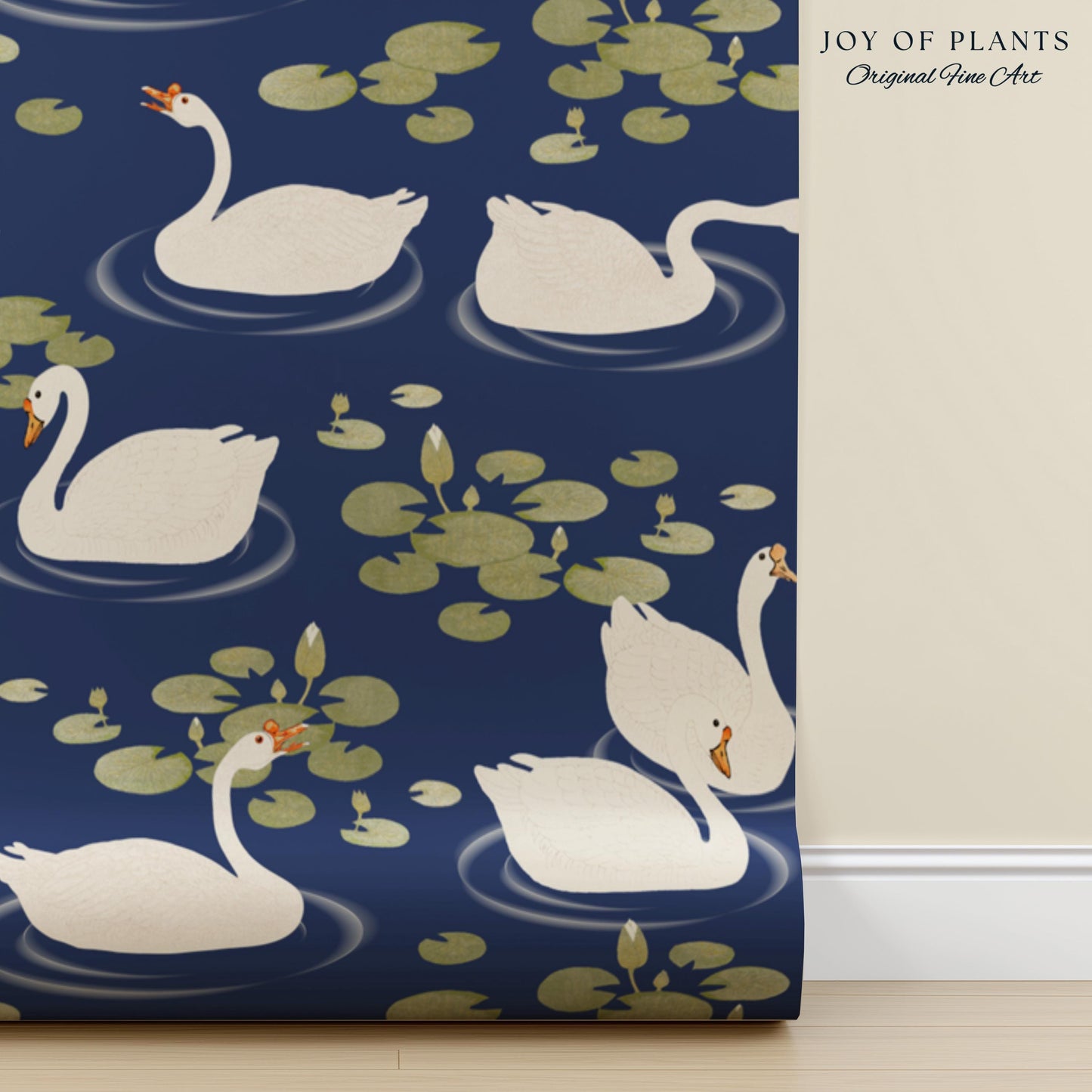 Storybook Cottage Swan Pattern Wallpaper | Navy Blue Bold High Contrast Statement Wall Nursery Decor Peel and Stick Lily Pad Marine Bedroom