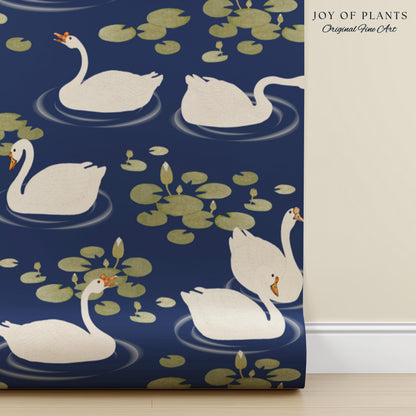 Storybook Cottage Swan Pattern Wallpaper | Navy Blue Bold High Contrast Statement Wall Nursery Decor Peel and Stick Lily Pad Marine Bedroom