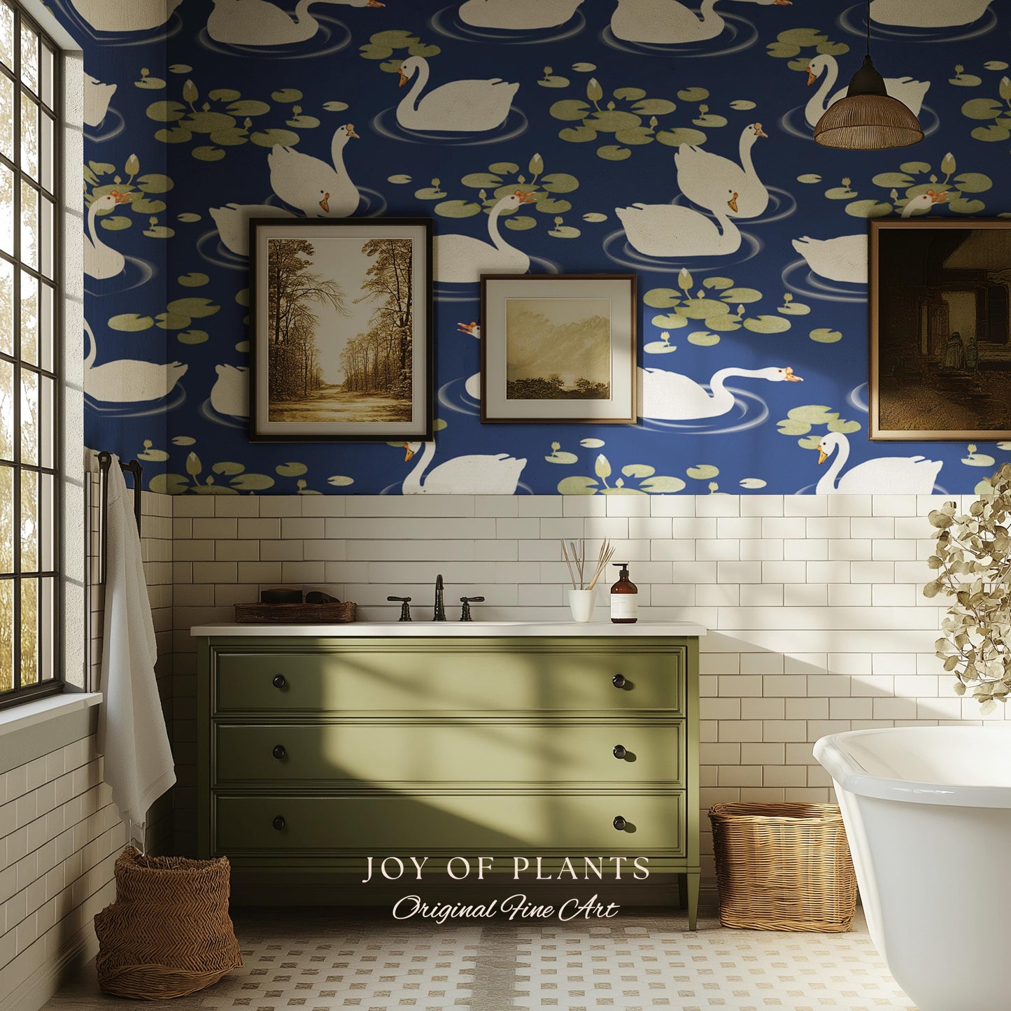 Storybook Cottage Swan Pattern Wallpaper | Navy Blue Bold High Contrast Statement Wall Nursery Decor Peel and Stick Lily Pad Marine Bedroom
