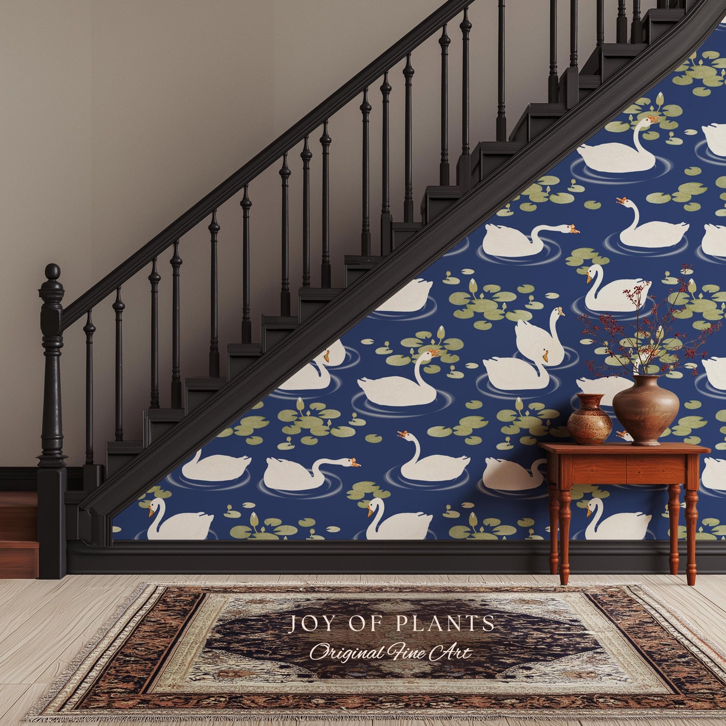 Storybook Cottage Swan Pattern Wallpaper | Navy Blue Bold High Contrast Statement Wall Nursery Decor Peel and Stick Lily Pad Marine Bedroom