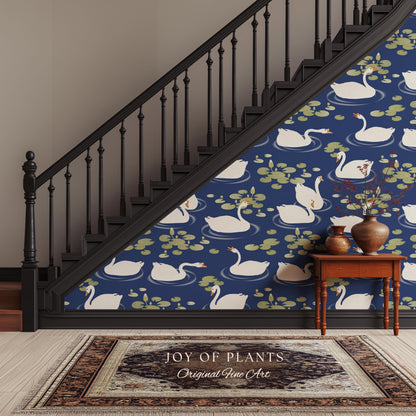 Storybook Cottage Swan Pattern Wallpaper | Navy Blue Bold High Contrast Statement Wall Nursery Decor Peel and Stick Lily Pad Marine Bedroom