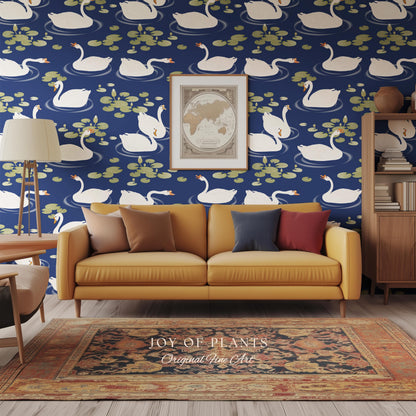 Storybook Cottage Swan Pattern Wallpaper | Navy Blue Bold High Contrast Statement Wall Nursery Decor Peel and Stick Lily Pad Marine Bedroom