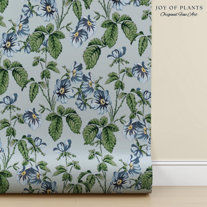 Soft Blue Wildflower Pattern Wallpaper | English Garden Pastel Bathroom Peel and Stick Accent Wall Vintage Inspired Botanical Cottage