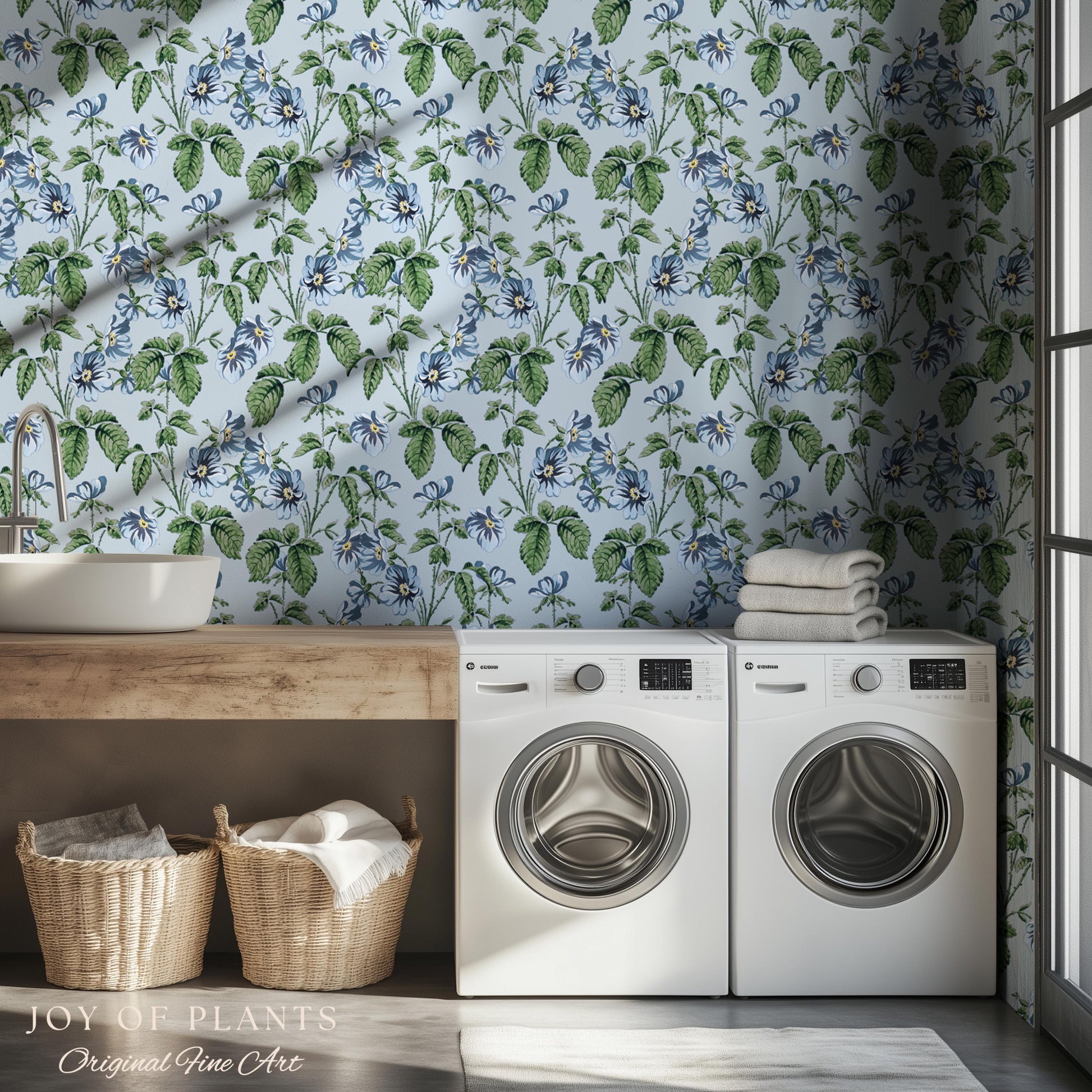 Soft Blue Wildflower Pattern Wallpaper | English Garden Pastel Bathroom Peel and Stick Accent Wall Vintage Inspired Botanical Cottage
