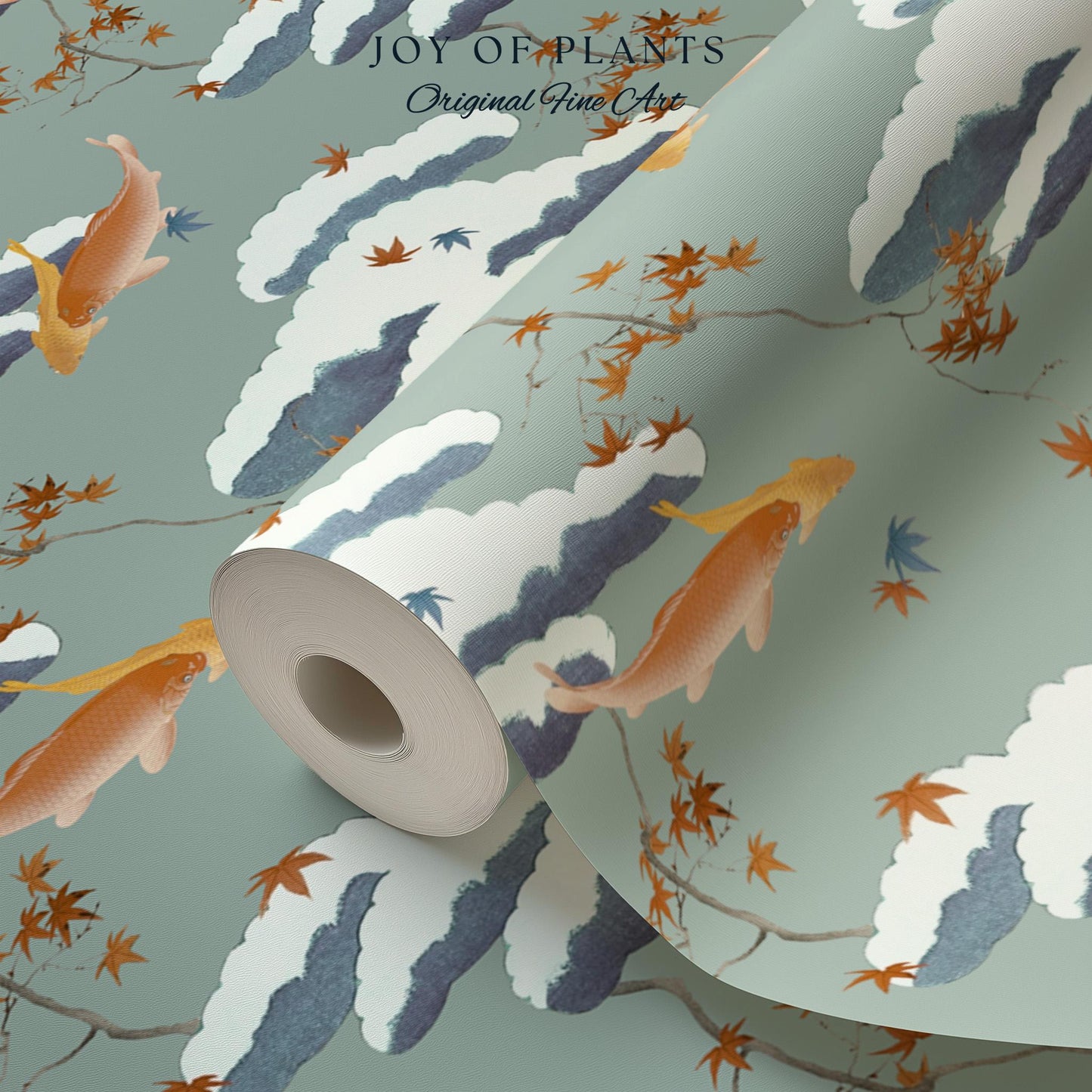 Calming Pastel Clouds Wallpaper | Koi Fish Japanese Wall Art Tranquil Atmosphere Meditation Room Peel and Stick Decor Muted Sage Palette