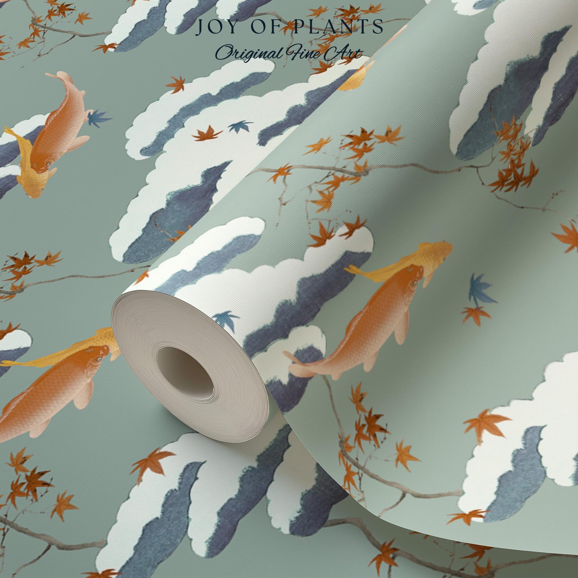 Calming Pastel Clouds Wallpaper | Koi Fish Japanese Wall Art Tranquil Atmosphere Meditation Room Peel and Stick Decor Muted Sage Palette